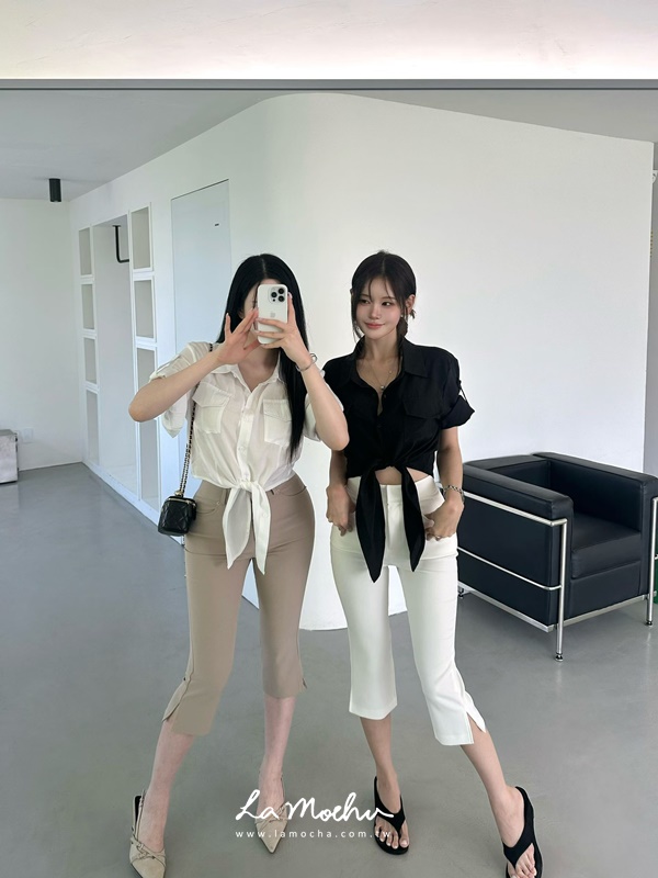 V型下擺軍裝短袖上衣
